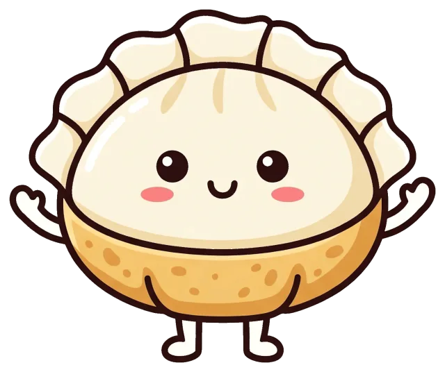 Cute smiling pan-fried dumpling character with arms and legs