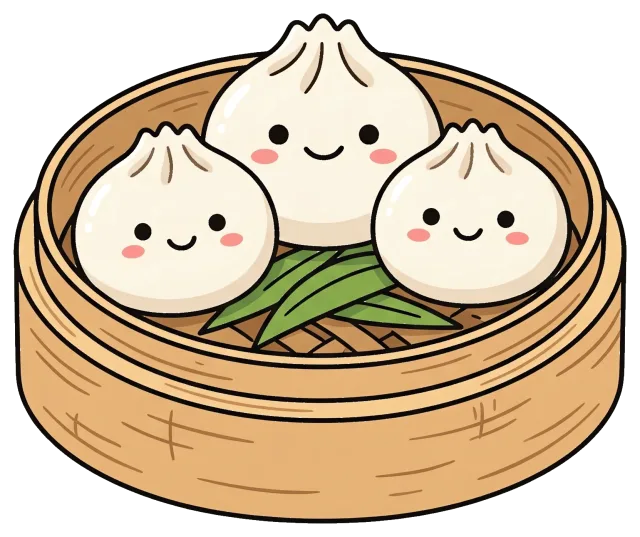 Cute steamed dumplings with smiling faces in bamboo steamer