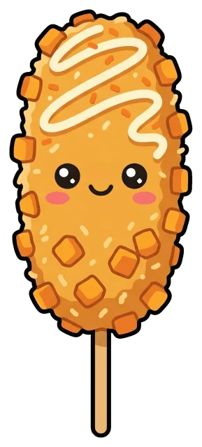 Cute sweet potato corn dog with smiling face and sauce drizzle