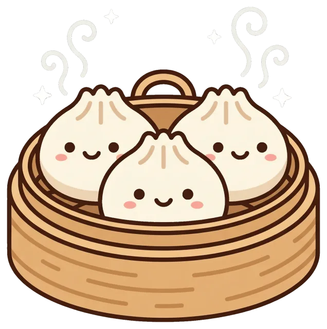 Steamed dumplings with smiling faces in bamboo steamer