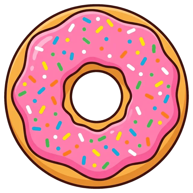 Cartoon donut with pink frosting and colorful sprinkles