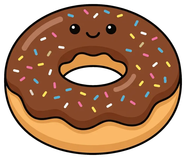 Chocolate glazed donut with colorful sprinkles and smiling face