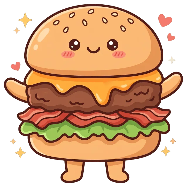 Cute Bacon Cheeseburger Character with Smiling Face