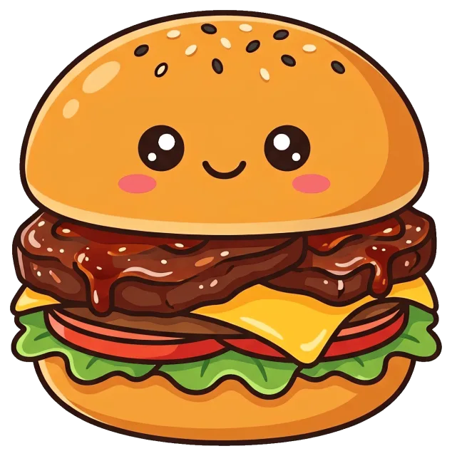 Cute BBQ Burger with Cheese and Lettuce Cartoon