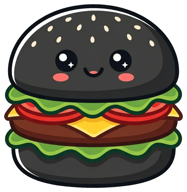 Cute black burger with smiling face and fresh toppings