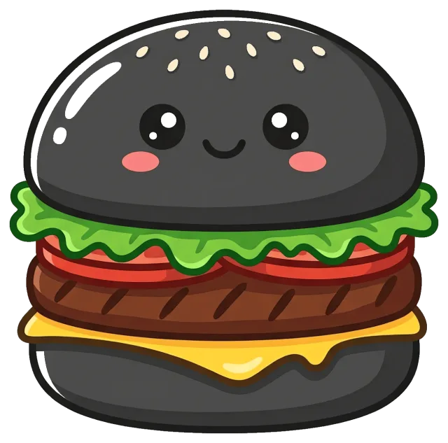 Cute black burger with smiling face and fresh toppings