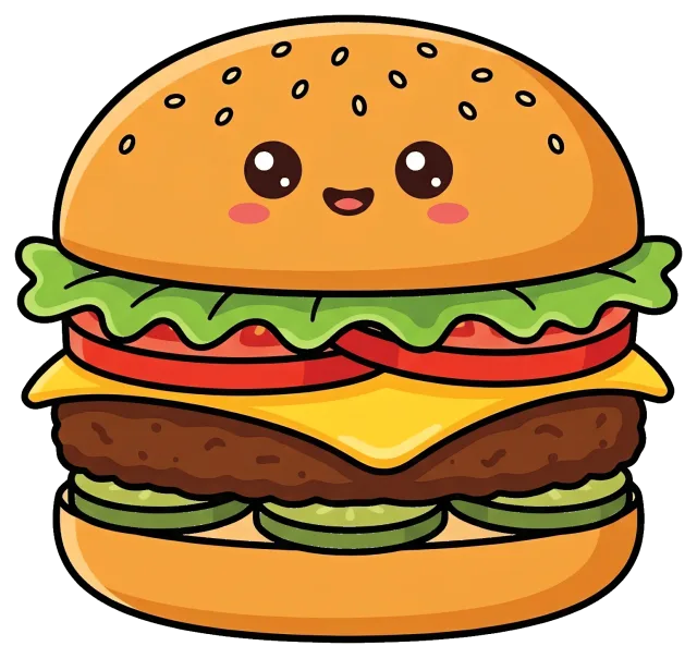 Cute cartoon veggie burger with lettuce, tomato, cheese, and pickles