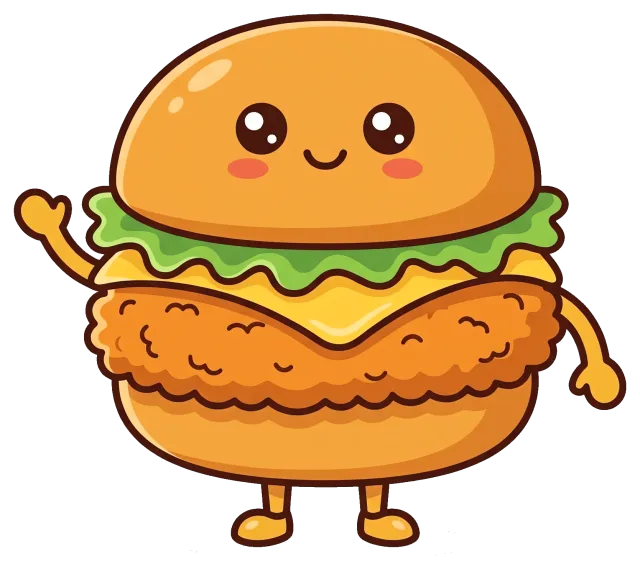 Cute crispy chicken burger character with smiling face