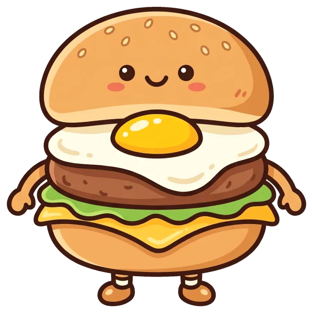 Cute egg burger cartoon character with smiling face