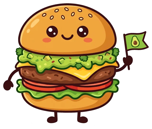 Cute guacamole burger character holding avocado flag