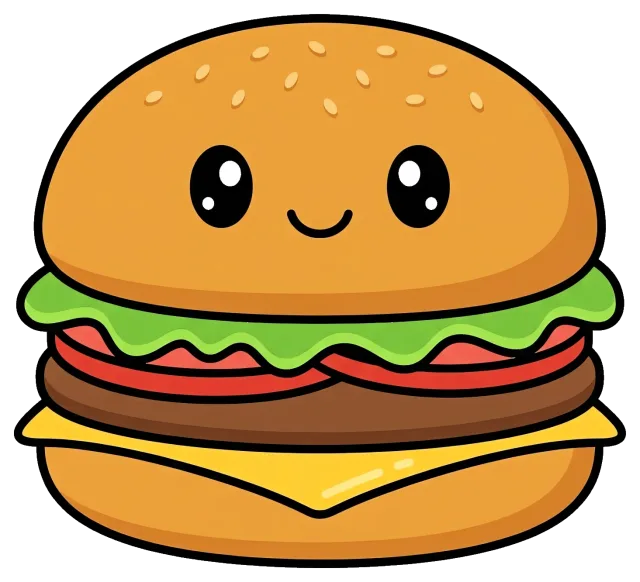 Cute hamburger with smiling face and sesame seed bun