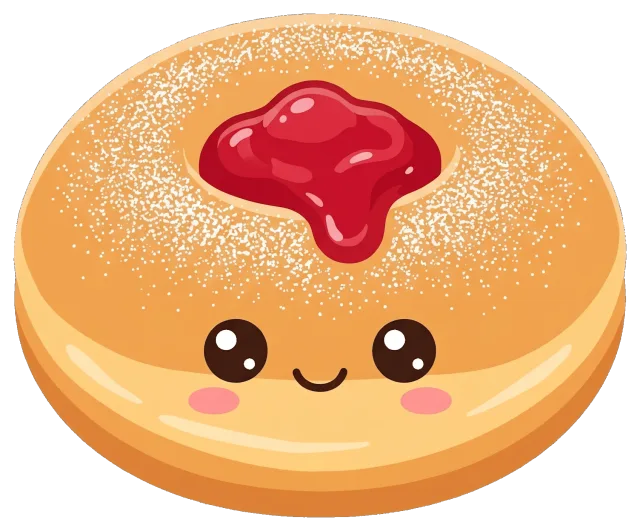 Cute jelly donut with smiling face and powdered sugar