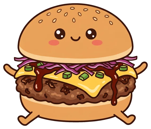 Cute Korean BBQ Burger with Cheese and Sauce Character