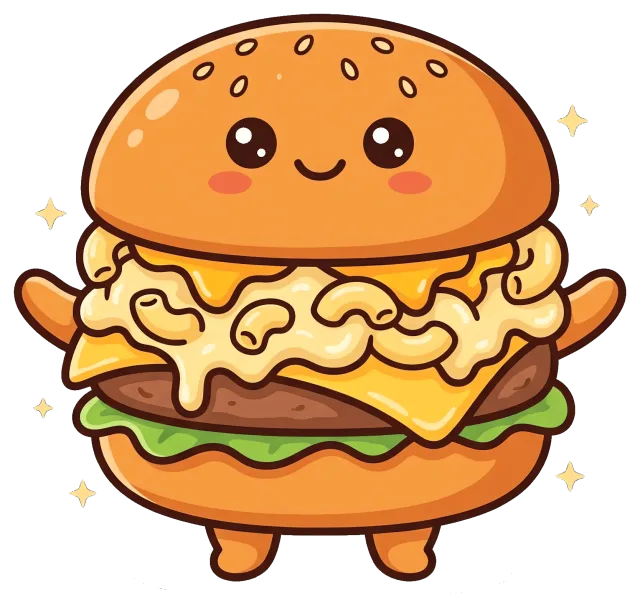 Cute mac and cheese burger character with smiling face