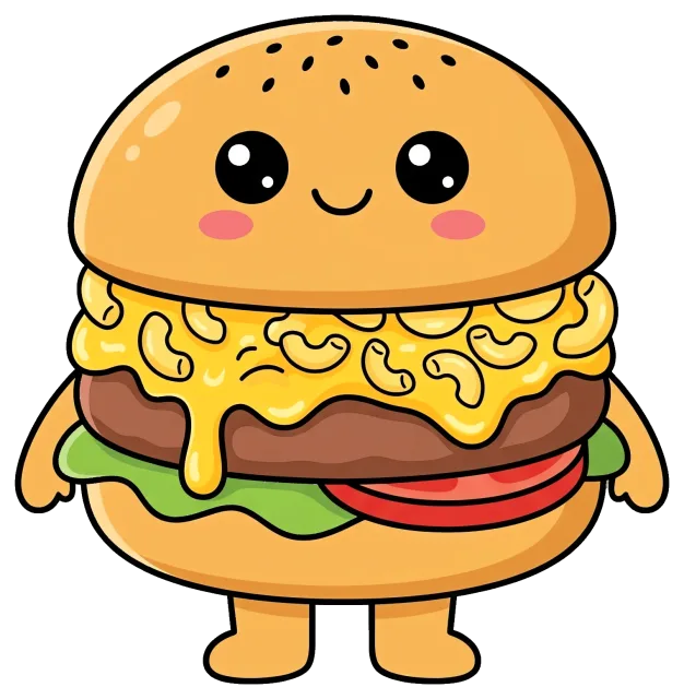 Cute mac and cheese burger character with smiling face