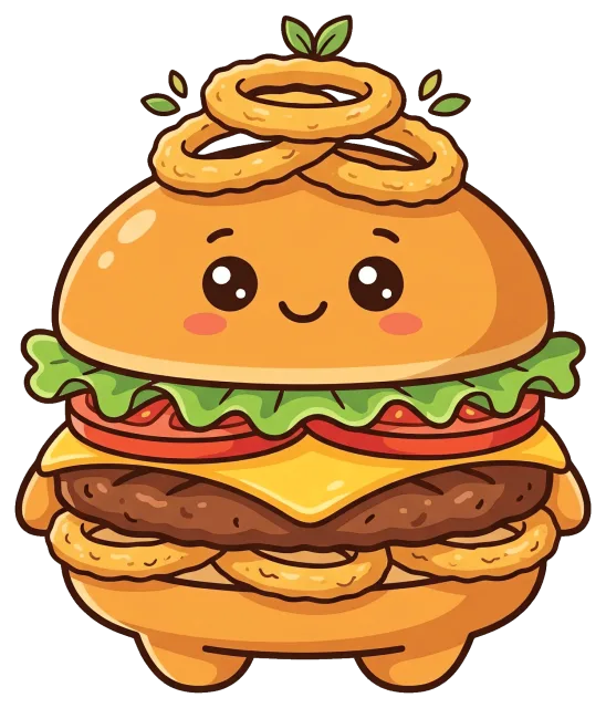 Cute Onion Ring Burger Character with Lettuce and Cheese