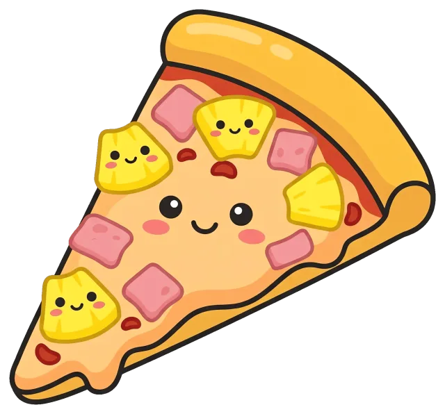 Cute pineapple ham pizza slice with smiling faces