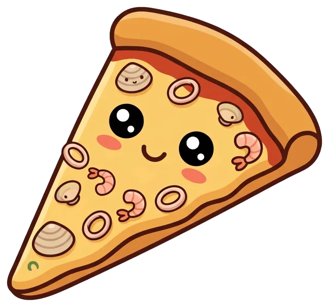 Cute seafood pizza slice with smiling face