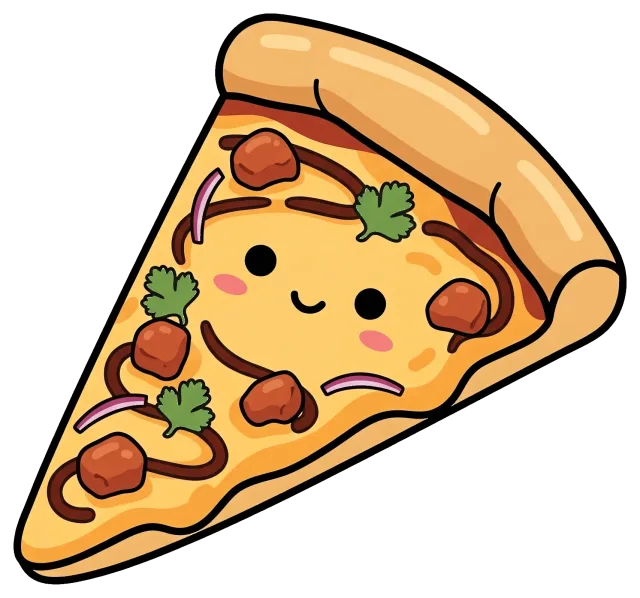 Cute smiling BBQ chicken pizza slice with toppings