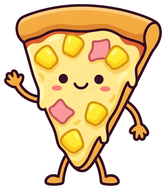 Cute smiling Hawaiian pizza slice character waving