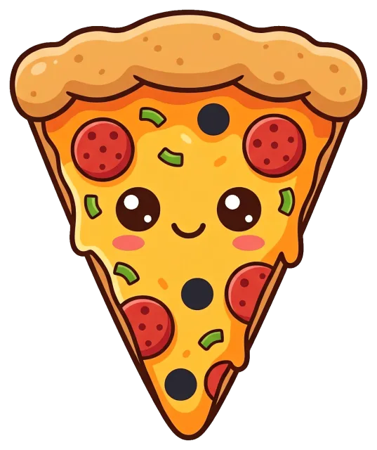 Cute smiling pizza slice with pepperoni and olives