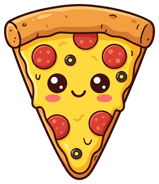 Cute smiling pizza slice with pepperoni and olives