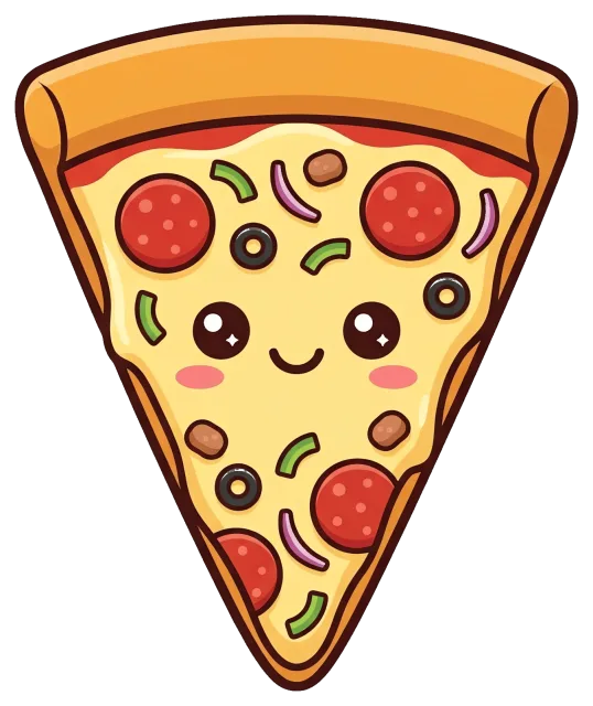 Cute smiling pizza slice with pepperoni and vegetables