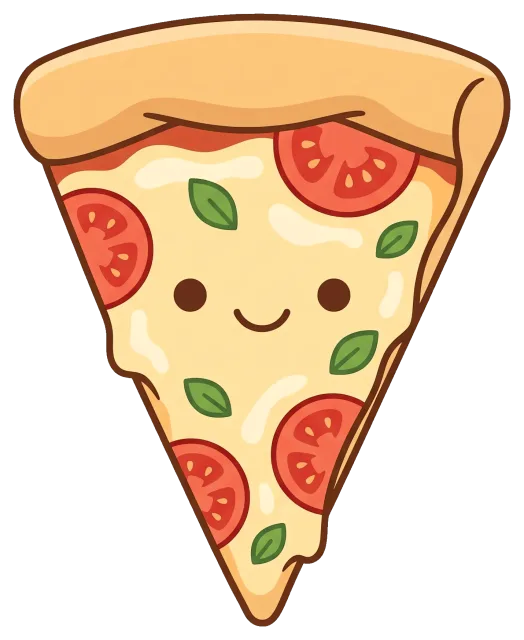 Cute smiling pizza slice with tomato and basil