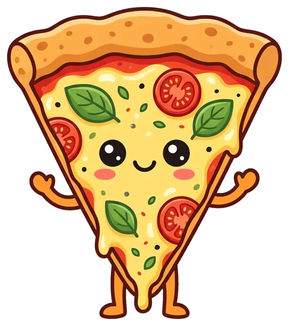Cute smiling pizza slice with tomato and basil