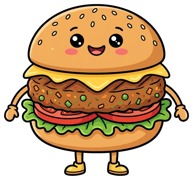 Cute veggie burger character with smiling face