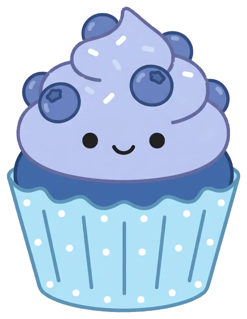 Blueberry cupcake cartoon character with smiling face