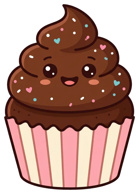 Chocolate cupcake cartoon character with sprinkles and smiling face