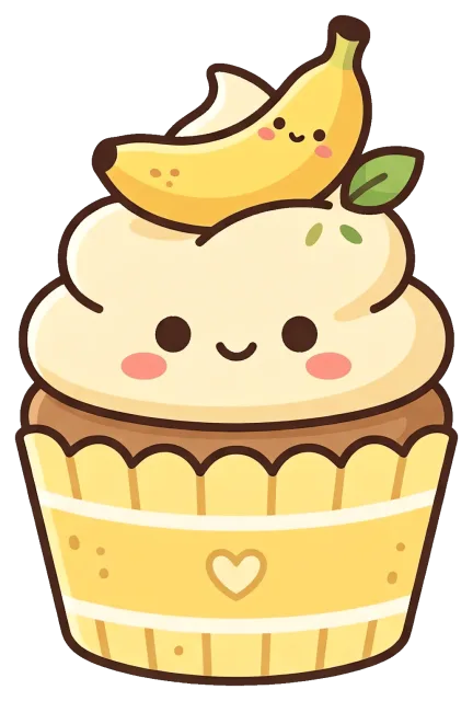 Cute banana cupcake with smiling face and leaf decoration