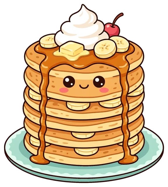 Cute banana pancake stack with syrup and whipped cream