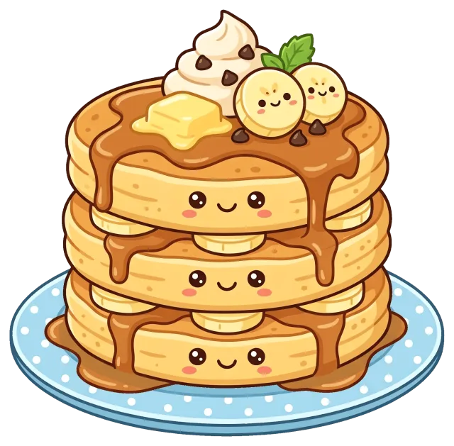 Cute banana pancake stack with syrup and whipped cream