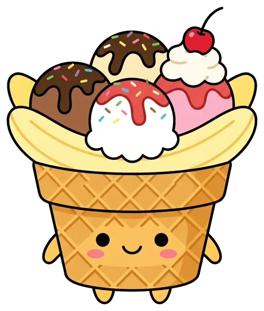 Cute banana split cone with ice cream scoops and cherry