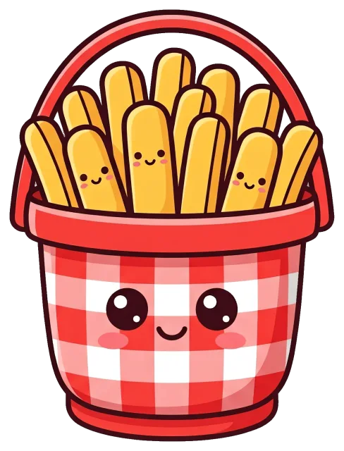 Cute basket of smiling french fries with red checkered pattern