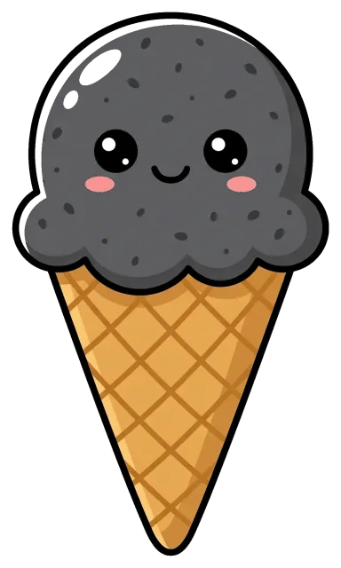 Cute Black Sesame Ice Cream Cone with Smiling Face
