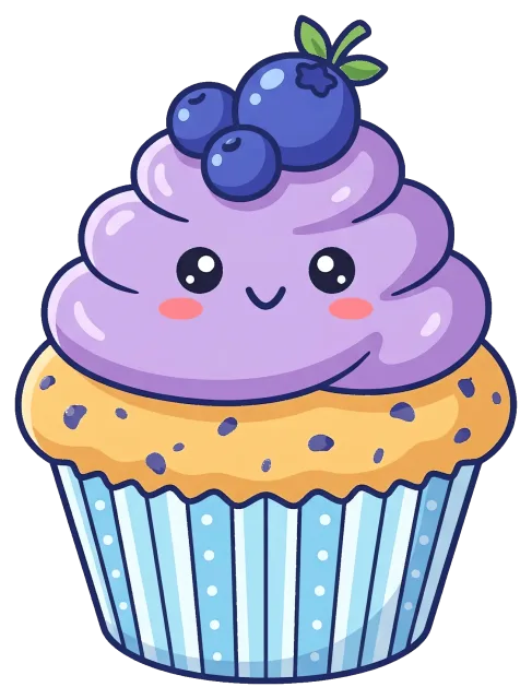 Cute blueberry cupcake cartoon character with smiling face