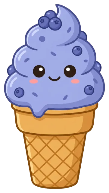 Cute blueberry ice cream cone with smiling face