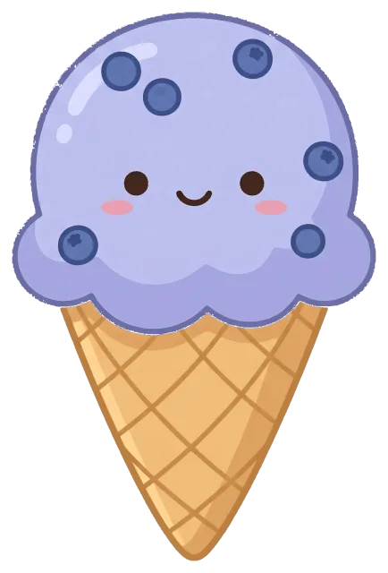 Cute blueberry ice cream cone with smiling face