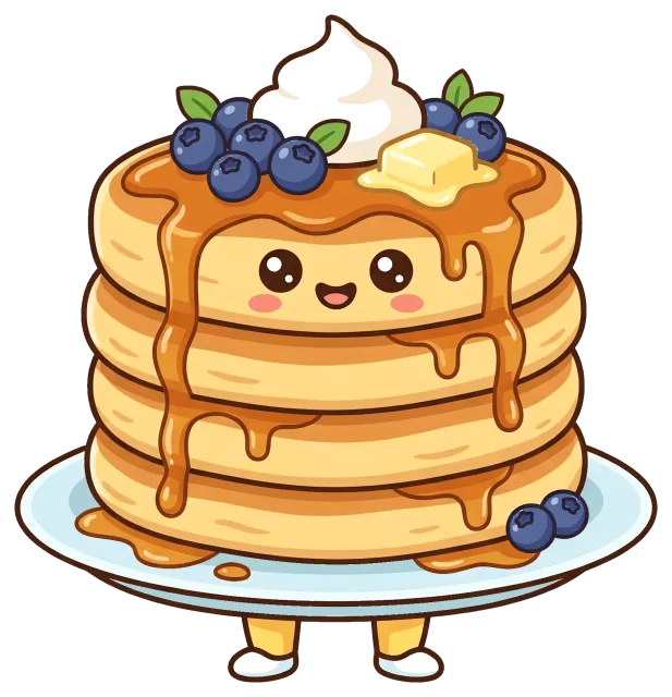Cute blueberry pancake stack with syrup and whipped cream