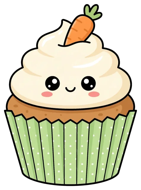 Cute carrot cupcake with smiling face and green wrapper