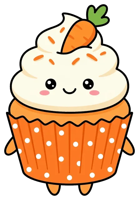 Cute carrot cupcake with smiling face and polka dot wrapper