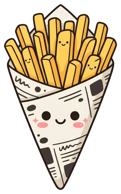 Cute cartoon french fries in smiling newspaper cone