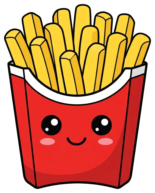 Cute cartoon-style smiling french fries in red container