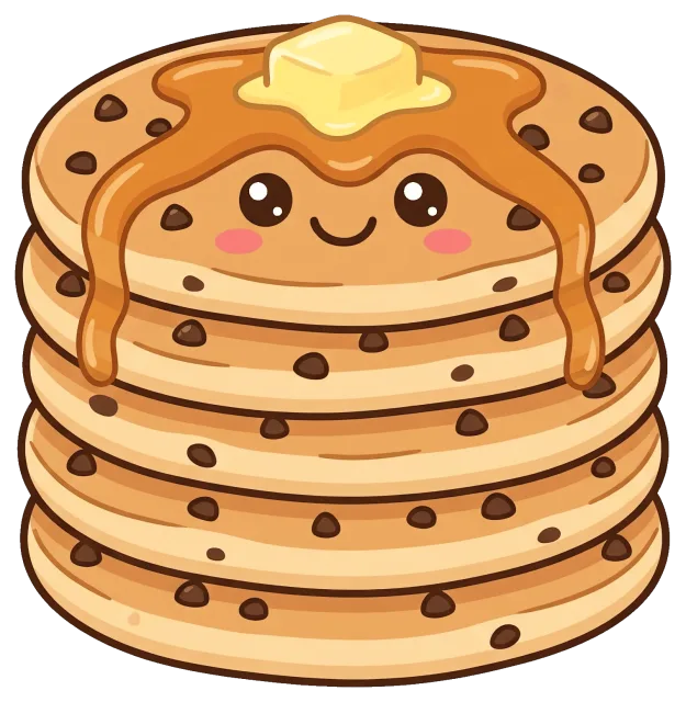 Cute chocolate chip pancake stack with butter and syrup