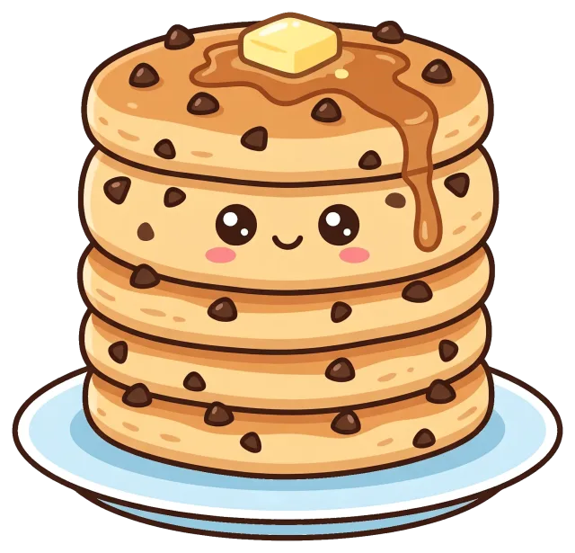 Cute chocolate chip pancake stack with butter and syrup