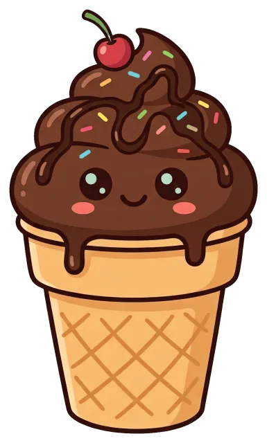Cute chocolate fudge ice cream cone with cherry and sprinkles