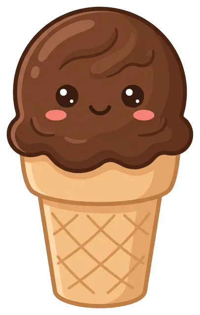 Cute chocolate fudge ice cream cone with smiling face